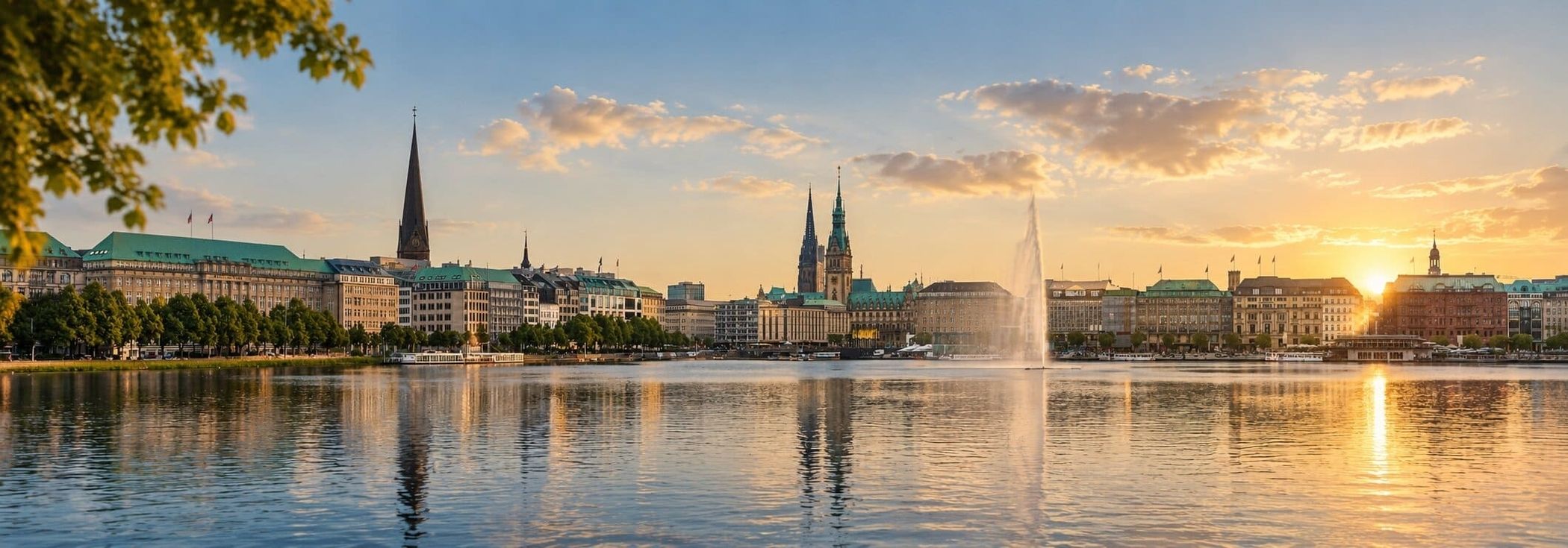 Hamburger Skyline an der Binnenalster bei sonnigem Abendlicht